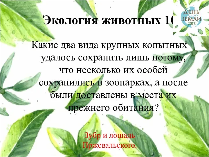 Экология животных 10 Какие два вида крупных копытных удалось сохранить лишь