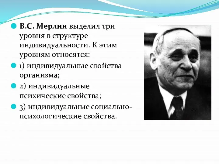 В.С. Мерлин выделил три уровня в структуре индивидуальности. К этим уровням