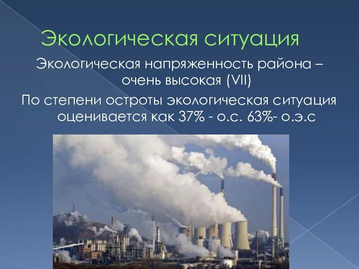 Экологическая ситуация Экологическая напряженность района – очень высокая (VII) По степени