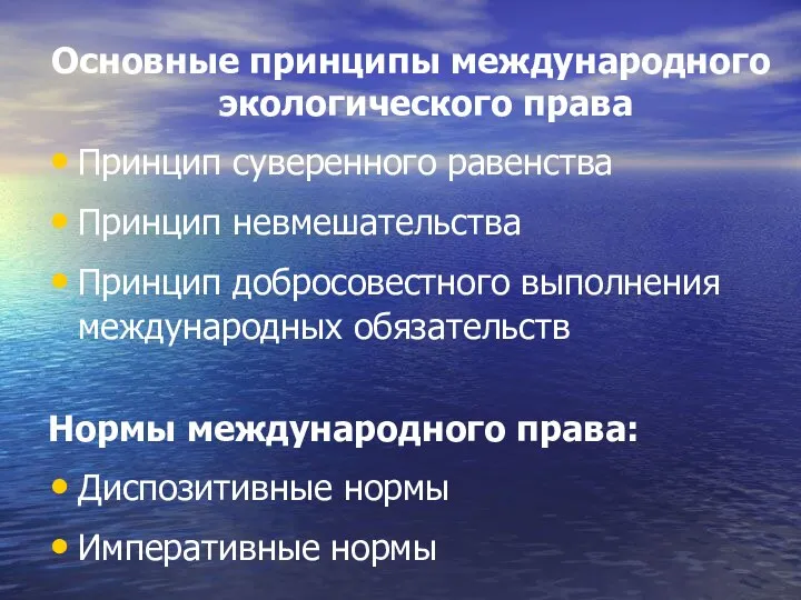 Основные принципы международного экологического права Принцип суверенного равенства Принцип невмешательства Принцип