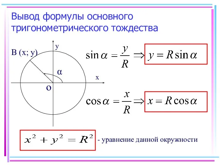 Вывод формулы основного тригонометрического тождества - уравнение данной окружности о