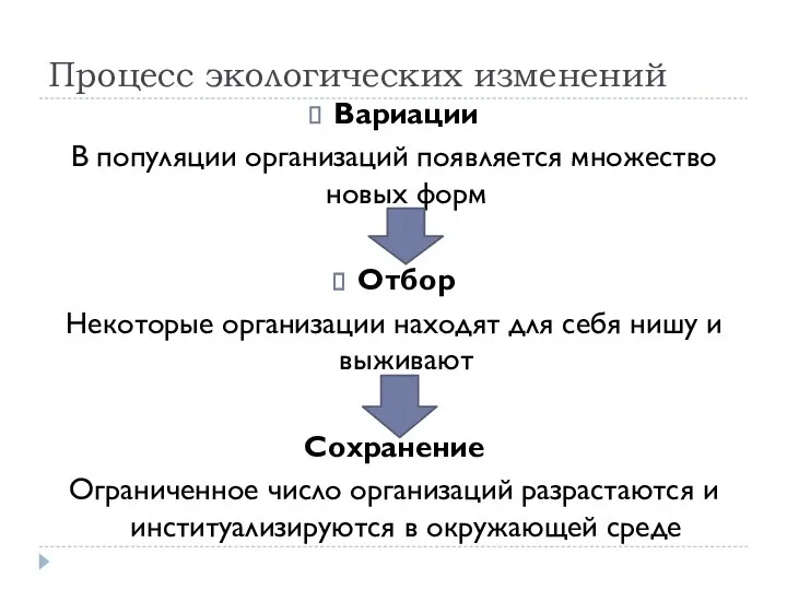 Процесс экологических изменений Вариации В популяции организаций появляется множество новых форм