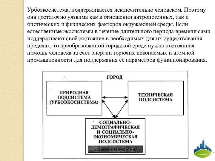 Урбоэкосистема, поддерживается исключительно человеком. Поэтому она достаточно уязвима как в отношении