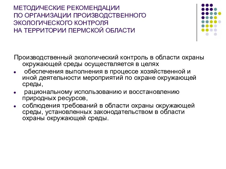 МЕТОДИЧЕСКИЕ РЕКОМЕНДАЦИИ ПО ОРГАНИЗАЦИИ ПРОИЗВОДСТВЕННОГО ЭКОЛОГИЧЕСКОГО КОНТРОЛЯ НА ТЕРРИТОРИИ ПЕРМСКОЙ ОБЛАСТИ