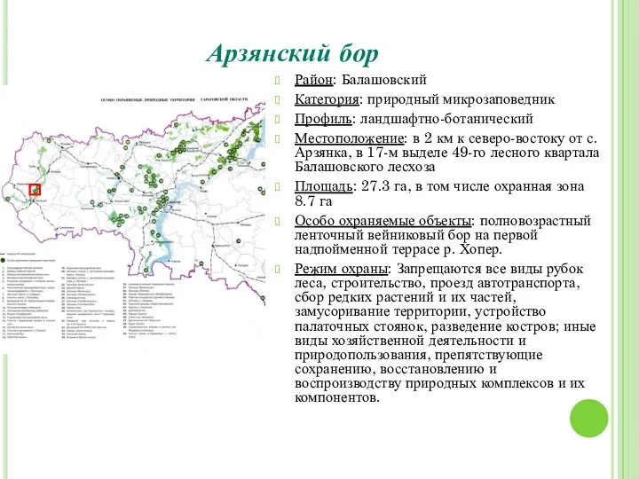 Арзянский бор Район: Балашовский Категория: природный микрозаповедник Профиль: ландшафтно-ботанический Местоположение: в