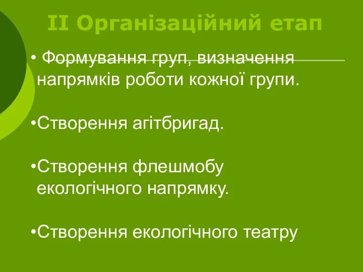 ІІ Організаційний етап Формування груп, визначення напрямків роботи кожної групи. Створення