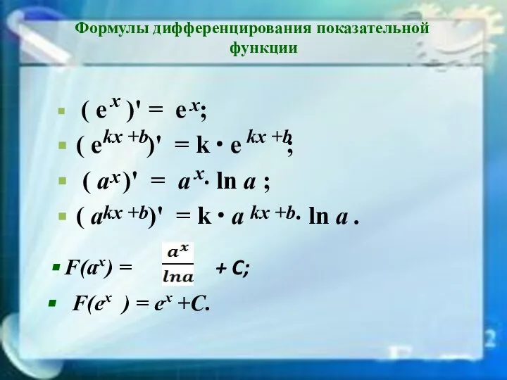 Формулы дифференцирования показательной функции ( e )' = e ; (