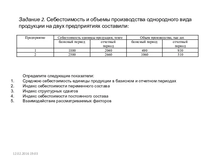 Задание 2. Себестоимость и объемы производства однородного вида продукции на двух