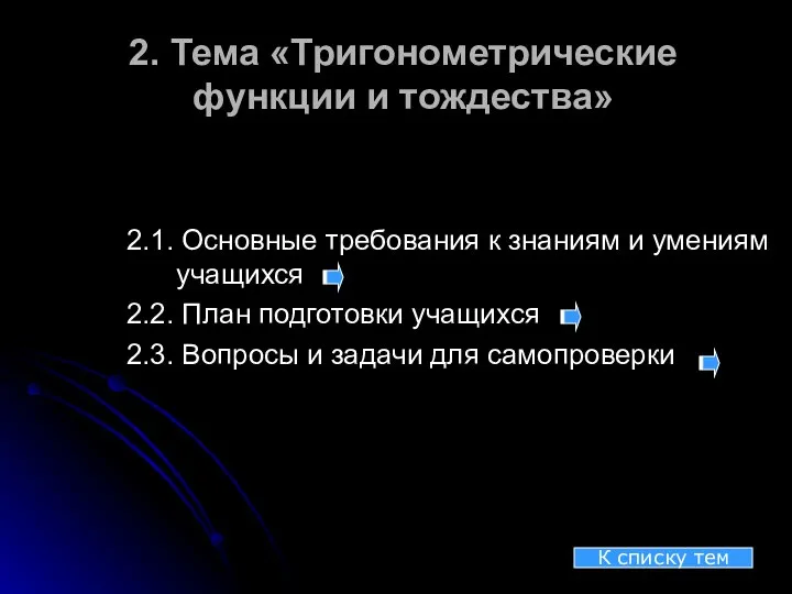 2. Тема «Тригонометрические функции и тождества» 2.1. Основные требования к знаниям