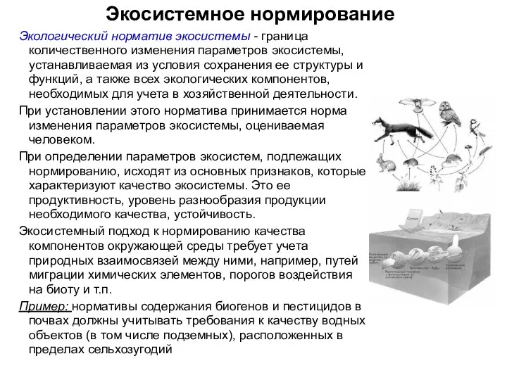 Экосистемное нормирование Экологический норматив экосистемы - граница количественного изменения параметров экосистемы,