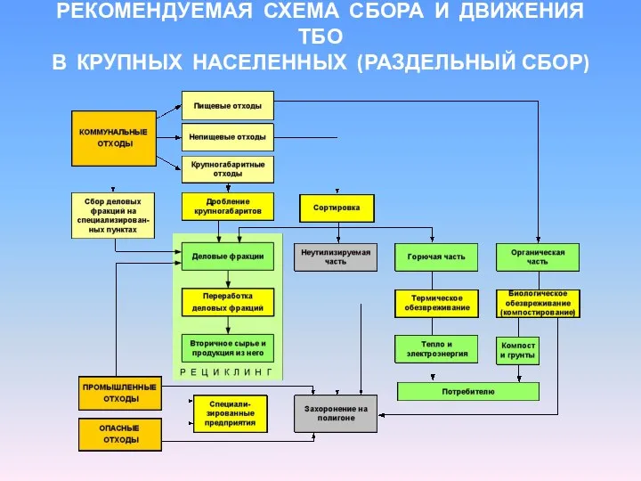 РЕКОМЕНДУЕМАЯ СХЕМА СБОРА И ДВИЖЕНИЯ ТБО В КРУПНЫХ НАСЕЛЕННЫХ (РАЗДЕЛЬНЫЙ СБОР)