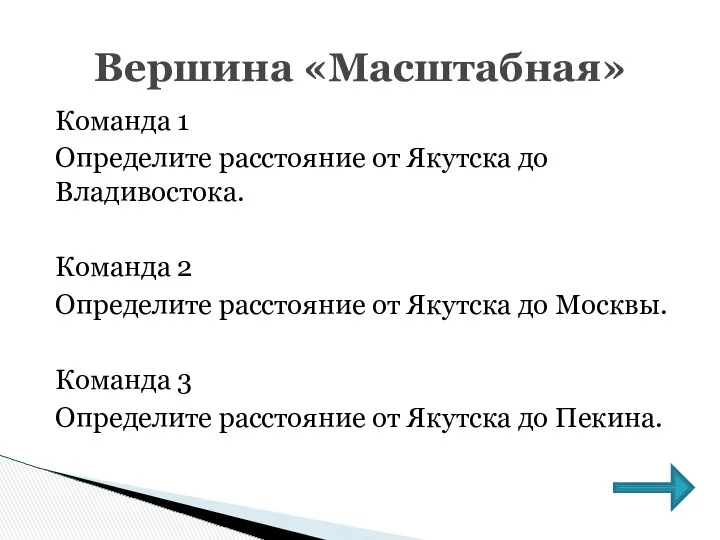 Команда 1 Определите расстояние от Якутска до Владивостока. Команда 2 Определите