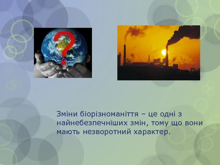 Зміни біорізноманіття – це одні з найнебезпечніших змін, тому що вони мають незворотний характер.