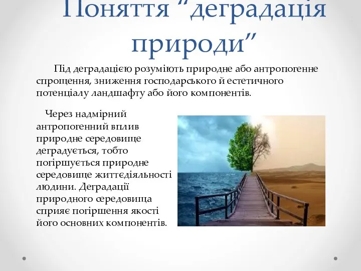 Під деградацією розуміють природне або антропогенне спрощення, зниження господарського й естетичного