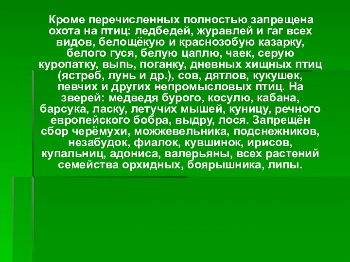 Кроме перечисленных полностью запрещена охота на птиц: ледбедей, журавлей и гаг