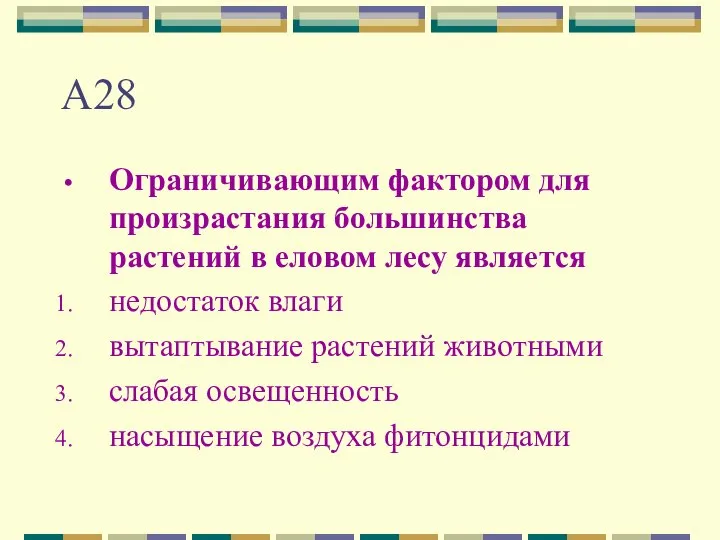 А28 Ограничивающим фактором для произрастания большинства растений в еловом лесу является