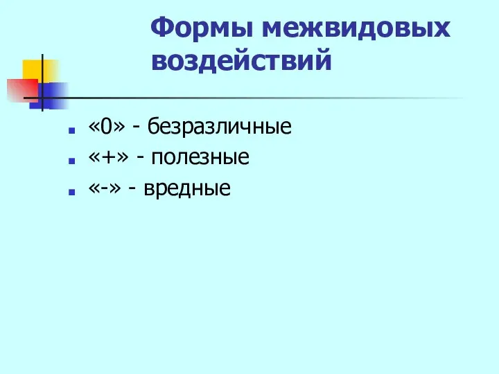 Формы межвидовых воздействий «0» - безразличные «+» - полезные «-» - вредные