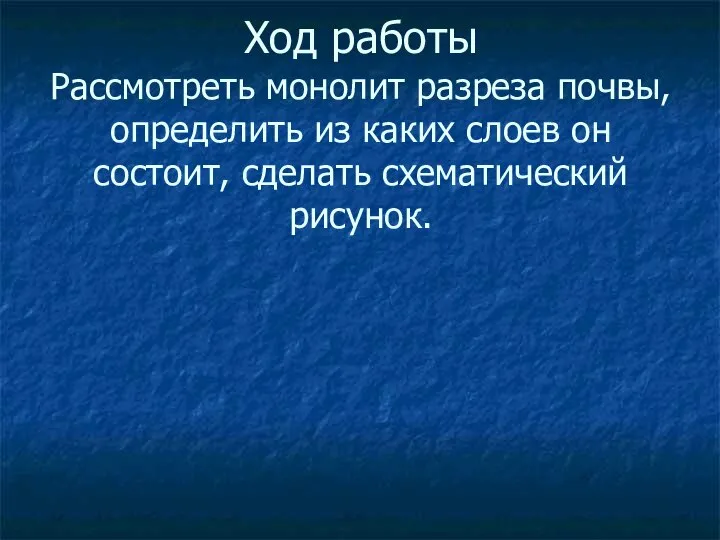 Ход работы Рассмотреть монолит разреза почвы, определить из каких слоев он состоит, сделать схематический рисунок.