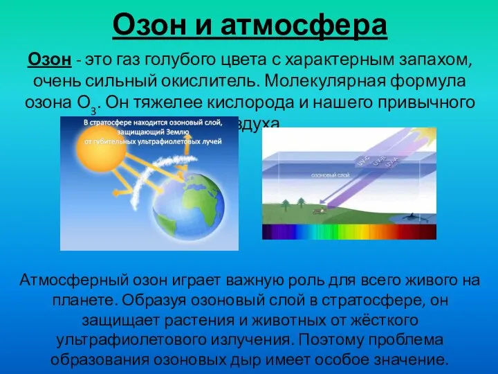 Озон и атмосфера Озон - это газ голубого цвета с характерным