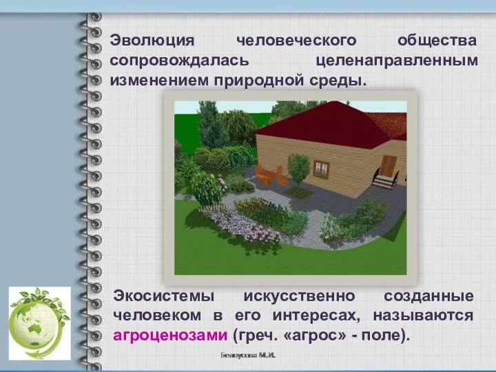 Эволюция человеческого общества сопровождалась целенаправленным изменением природной среды. Экосистемы искусственно созданные