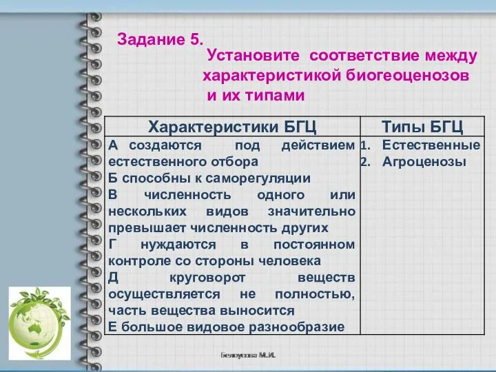 Установите соответствие между характеристикой биогеоценозов и их типами Задание 5.