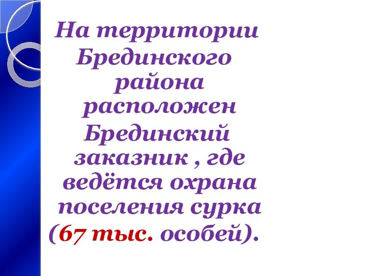 На территории Брединского района расположен Брединский заказник , где ведётся охрана поселения сурка (67 тыс. особей).