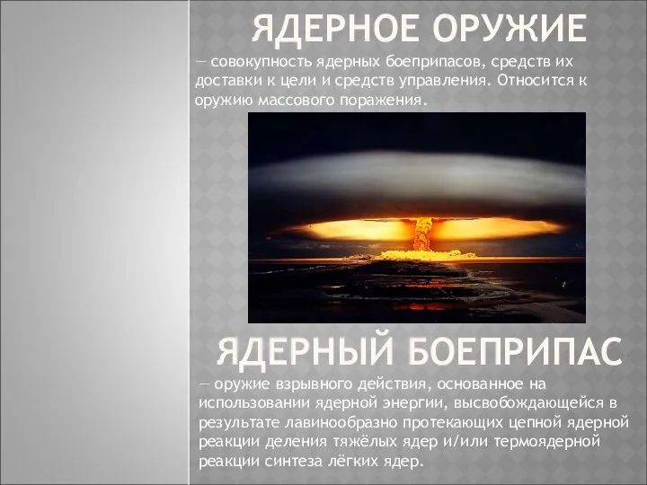 ЯДЕРНОЕ ОРУЖИЕ — совокупность ядерных боеприпасов, средств их доставки к цели