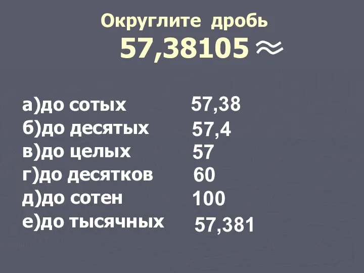 Округлите дробь 57,38105 а)до сотых б)до десятых в)до целых г)до десятков