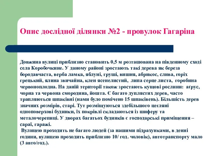 Опис дослідної ділянки №2 - провулок Гагаріна Довжина вулиці приблизно становить