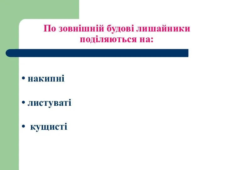 По зовнішній будові лишайники поділяються на: накипні листуваті кущисті