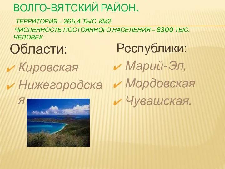 ВОЛГО-ВЯТСКИЙ РАЙОН. ТЕРРИТОРИЯ – 265,4 ТЫС. КМ2 ЧИСЛЕННОСТЬ ПОСТОЯННОГО НАСЕЛЕНИЯ –