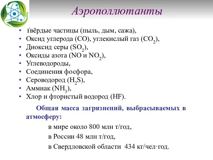 Аэрополлютанты Твёрдые частицы (пыль, дым, сажа), Оксид углерода (CO), углекислый газ