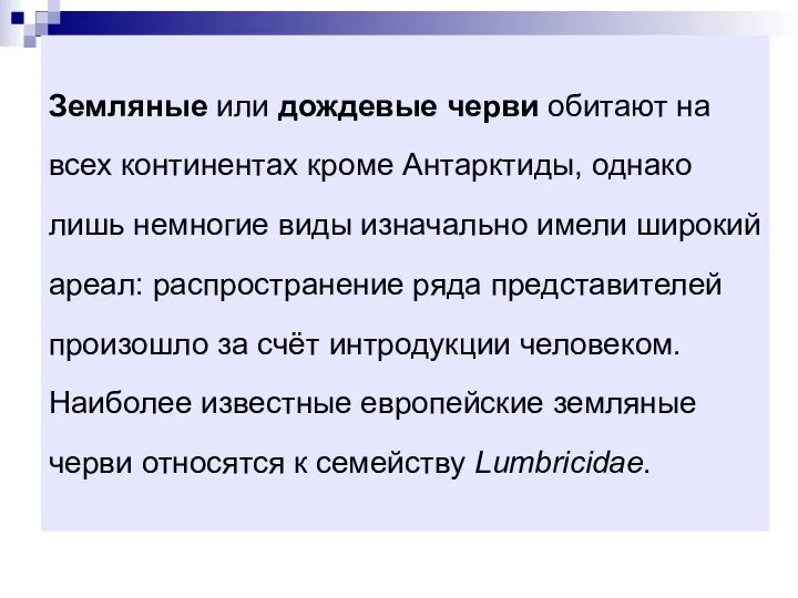 Земляные или дождевые черви обитают на всех континентах кроме Антарктиды, однако