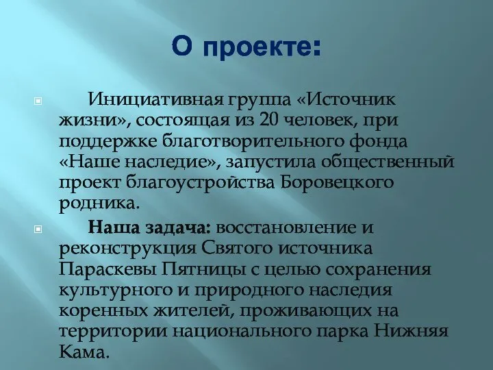 О проекте: Инициативная группа «Источник жизни», состоящая из 20 человек, при