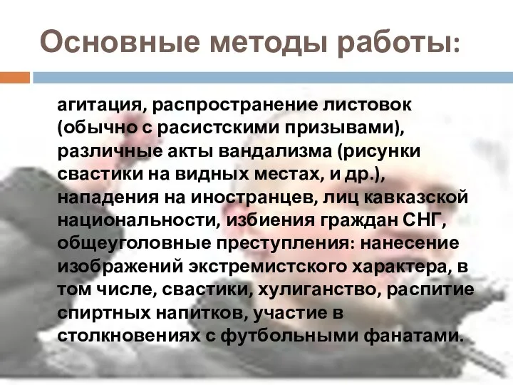 Основные методы работы: агитация, распространение листовок (обычно с расистскими призывами), различные