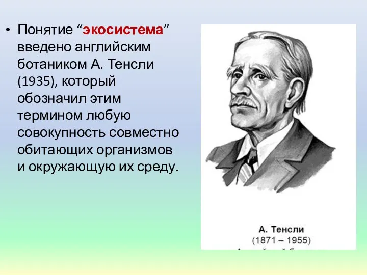 Понятие “экосистема” введено английским ботаником А. Тенсли (1935), который обозначил этим