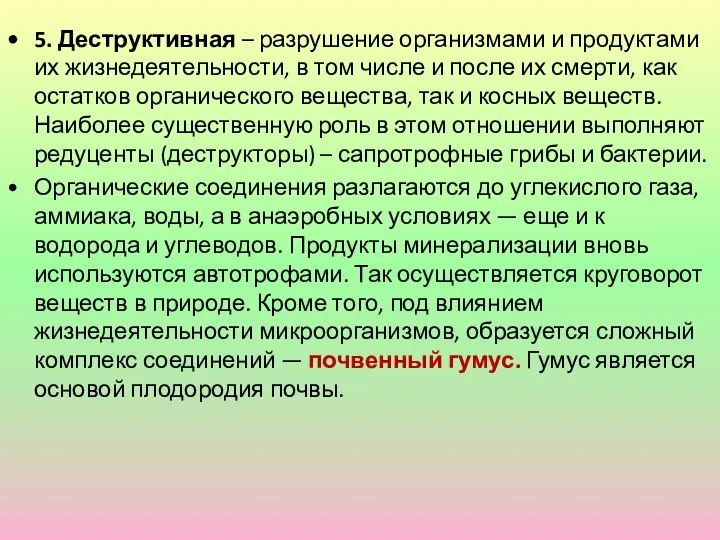 5. Деструктивная – разрушение организмами и продуктами их жизнедеятельности, в том