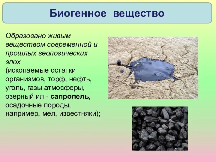 Образовано живым веществом современной и прошлых геологических эпох (ископаемые остатки организмов,