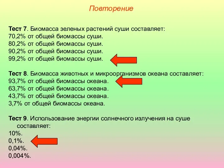 Повторение Тест 7. Биомасса зеленых растений суши составляет: 70,2% от общей