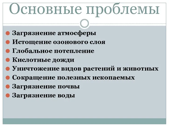 Основные проблемы Загрязнение атмосферы Истощение озонового слоя Глобальное потепление Кислотные дожди