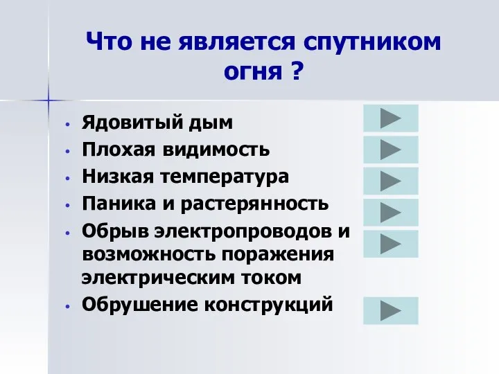 Что не является спутником огня ? Ядовитый дым Плохая видимость Низкая