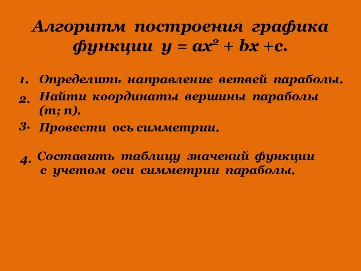 Алгоритм построения графика функции у = ах2 + bх +с. 1.