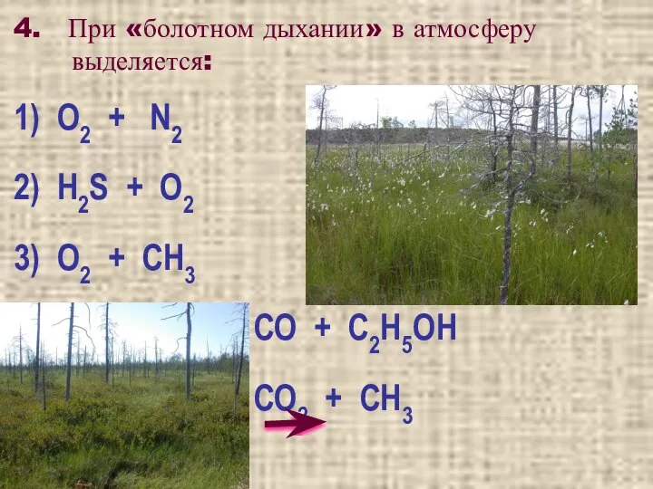 4. При «болотном дыхании» в атмосферу выделяется: 1) O2 + N2