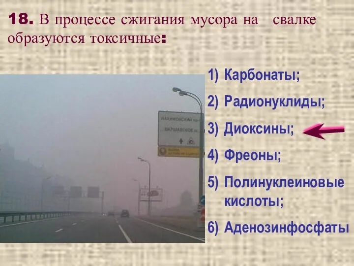 18. В процессе сжигания мусора на свалке образуются токсичные: Карбонаты; Радионуклиды; Диоксины; Фреоны; Полинуклеиновые кислоты; Аденозинфосфаты