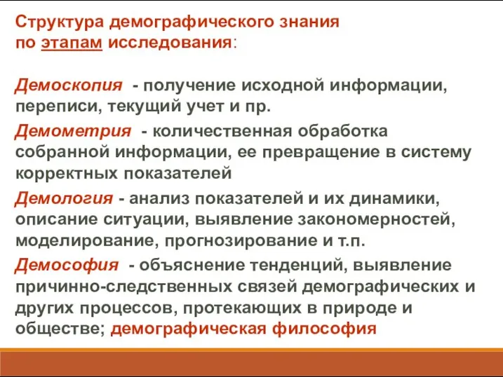 Структура демографического знания по этапам исследования: Демоскопия - получение исходной информации,