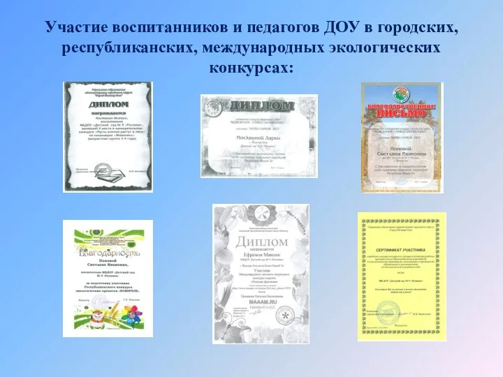 Участие воспитанников и педагогов ДОУ в городских, республиканских, международных экологических конкурсах: