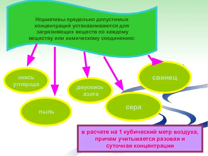 Нормативы предельно допустимых концентраций устанавливаются для загрязняющих веществ по каждому веществу