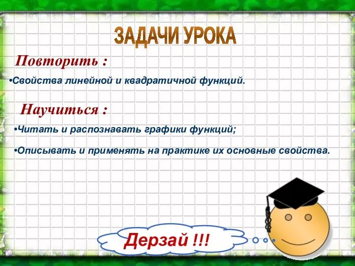 Повторить : Свойства линейной и квадратичной функций. ЗАДАЧИ УРОКА Научиться :