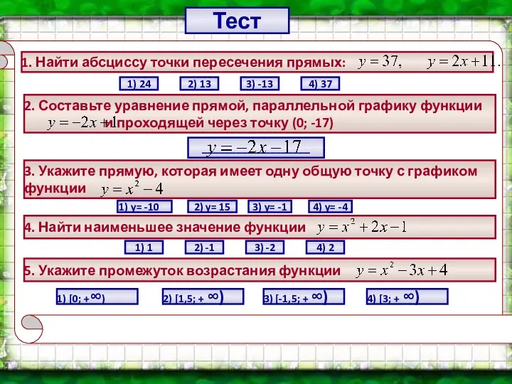 французский математик английский учёный Тест 1. Найти абсциссу точки пересечения прямых: