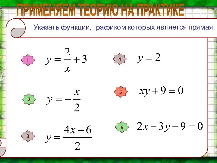 ПРИМЕНЯЕМ ТЕОРИЮ НА ПРАКТИКЕ 2 5 1 3 4 6 Указать функции, графиком которых является прямая.